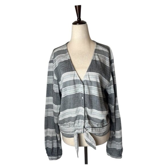 Bella‎ Dahl Shirt Women Large Gray Black Striped V Neck Tie Waist Top Preppy - Picture 1 of 10